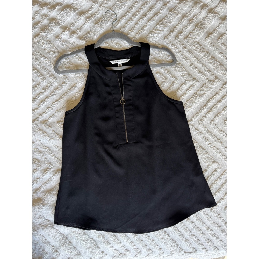 Trina Turk Black Tank Top Womens Zip Front Halter Crepe EUC M